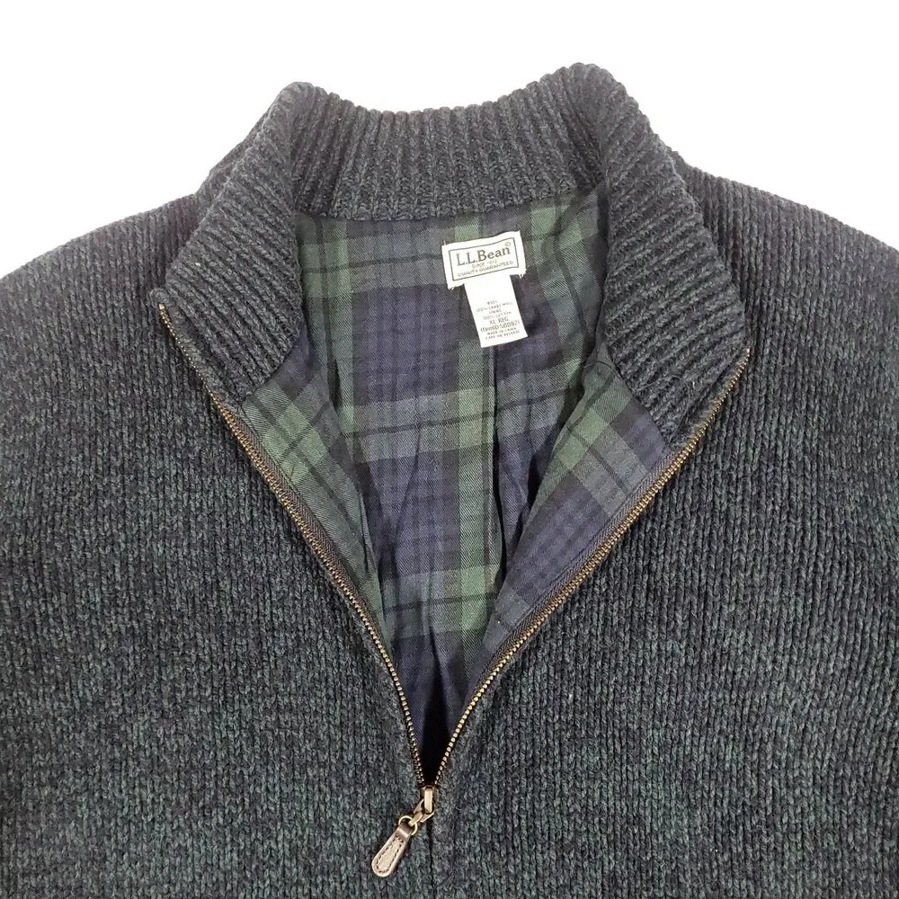 LL Bean Shacket Lambswool Cardigan‎ Sweater XL Blue Green Plaid Flannel Lined
